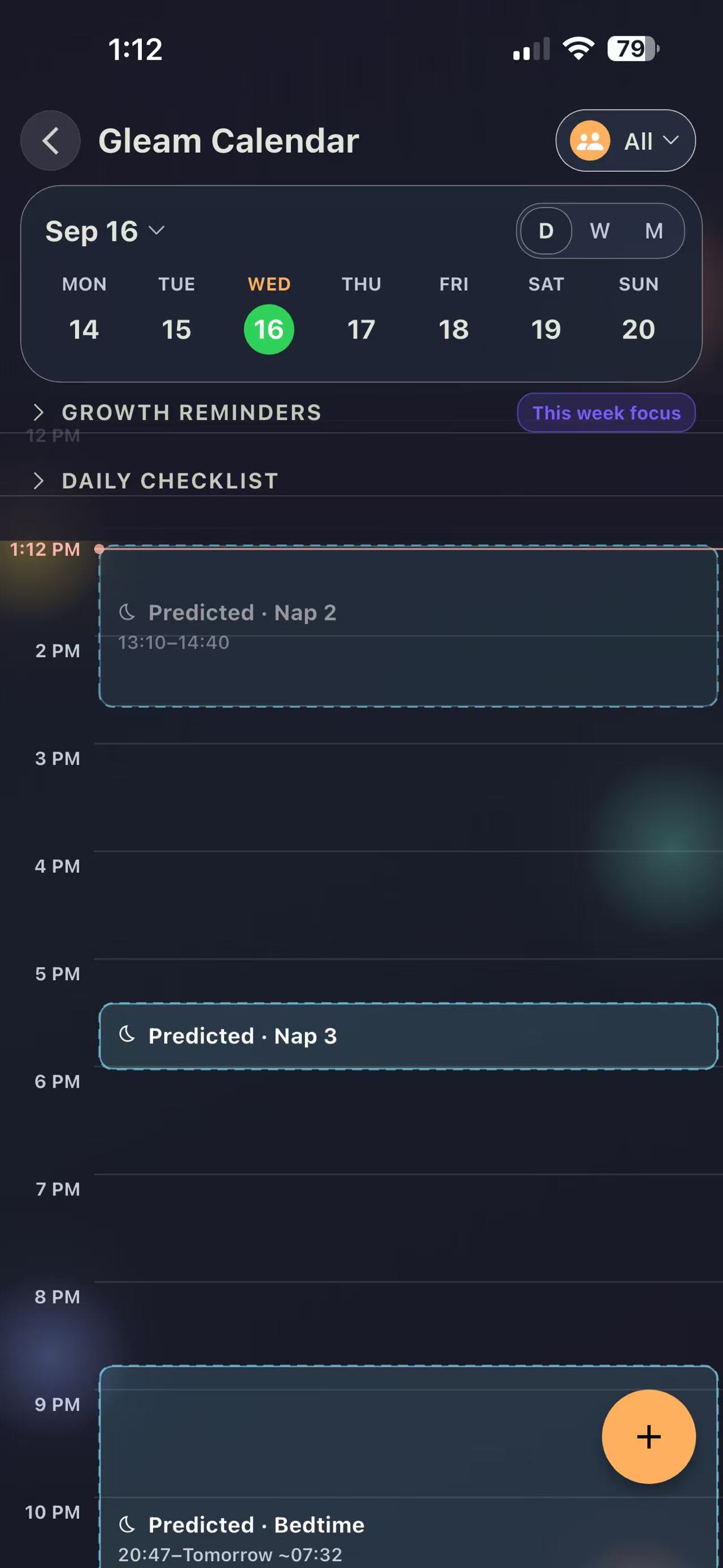Gleam Calendar day view: predicted naps, growth reminders, and a daily checklist.