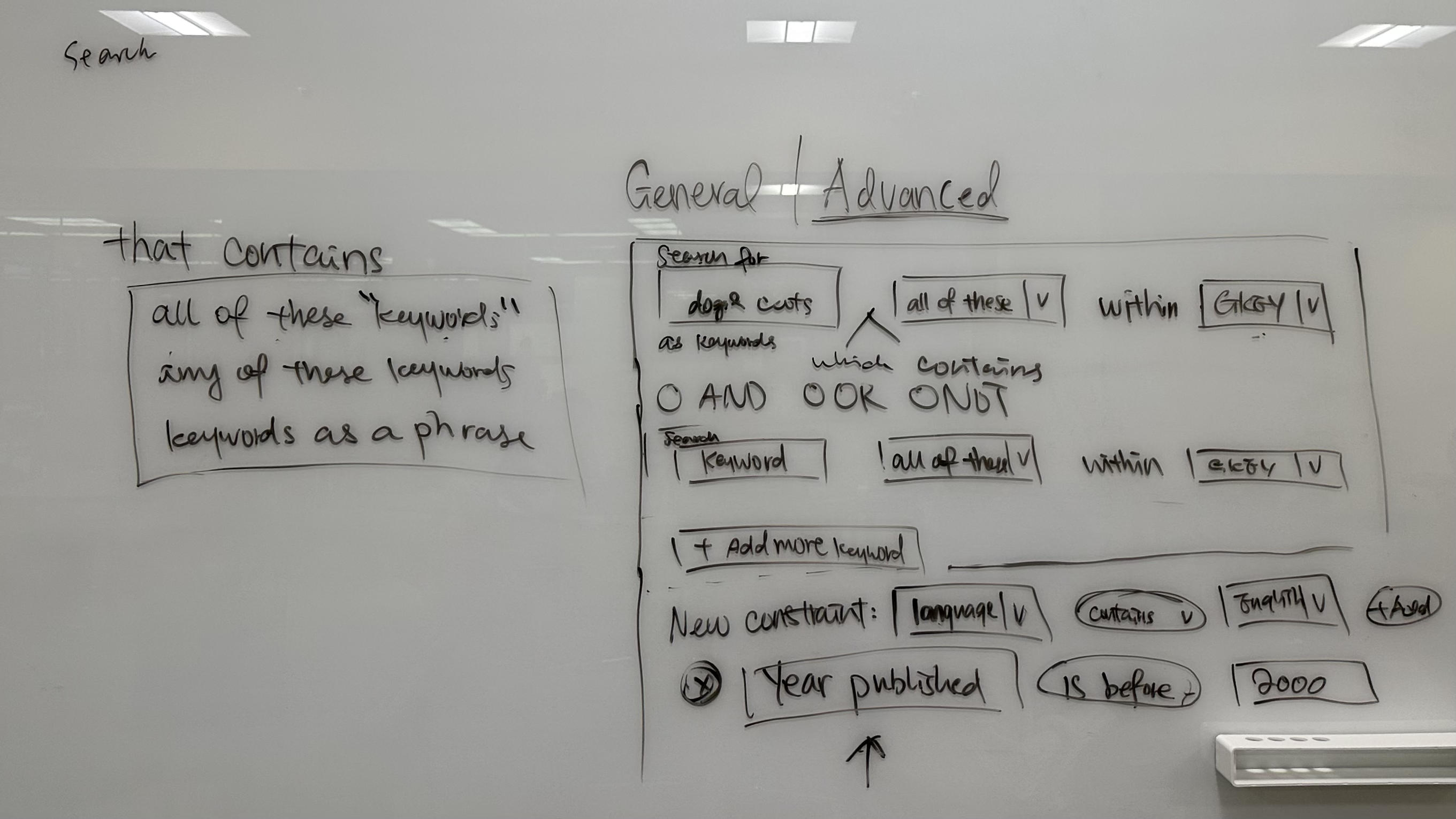 Sprint 3 advanced search sketch showing natural language query structure