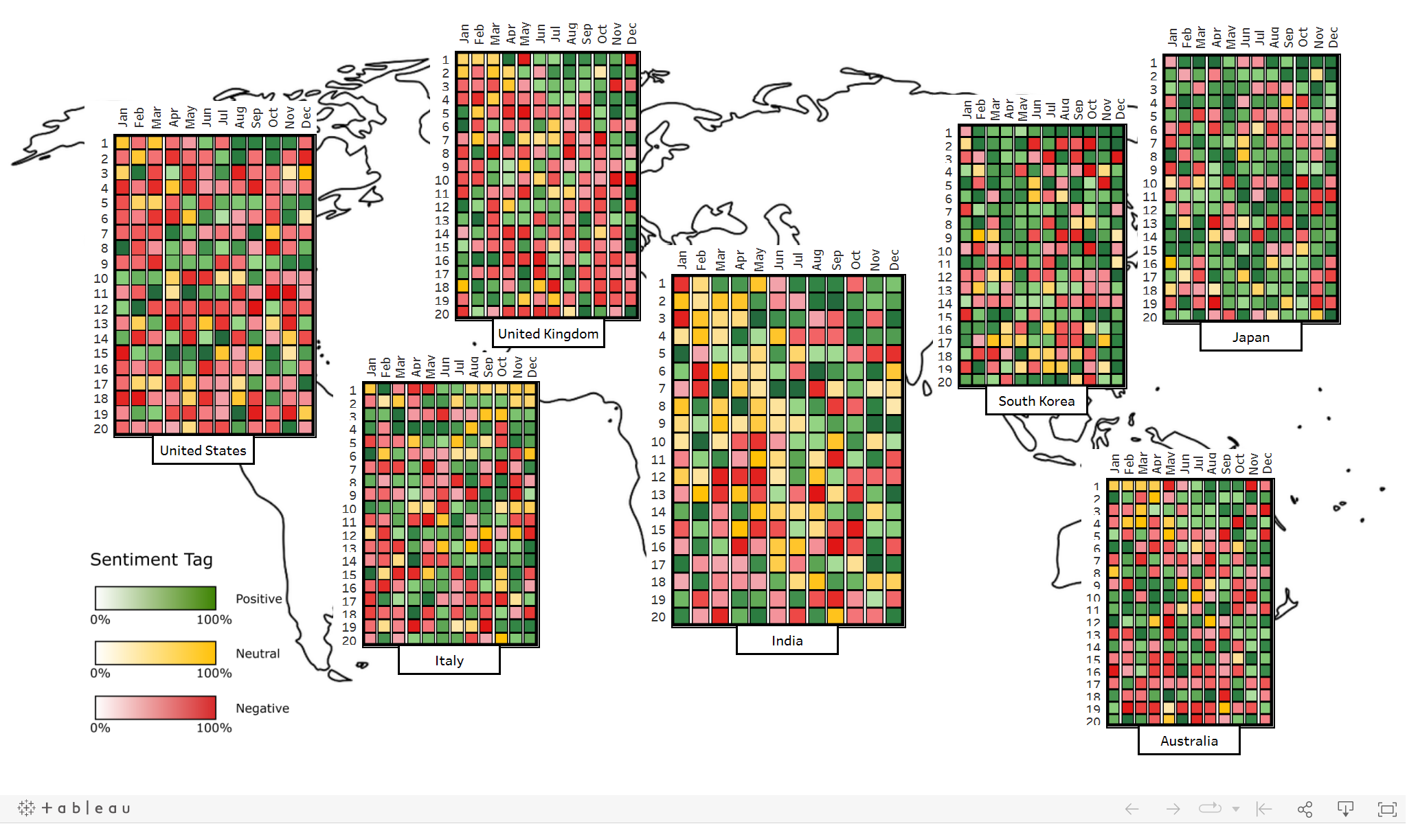 World map visualization showing music sentiment scores across seven countries