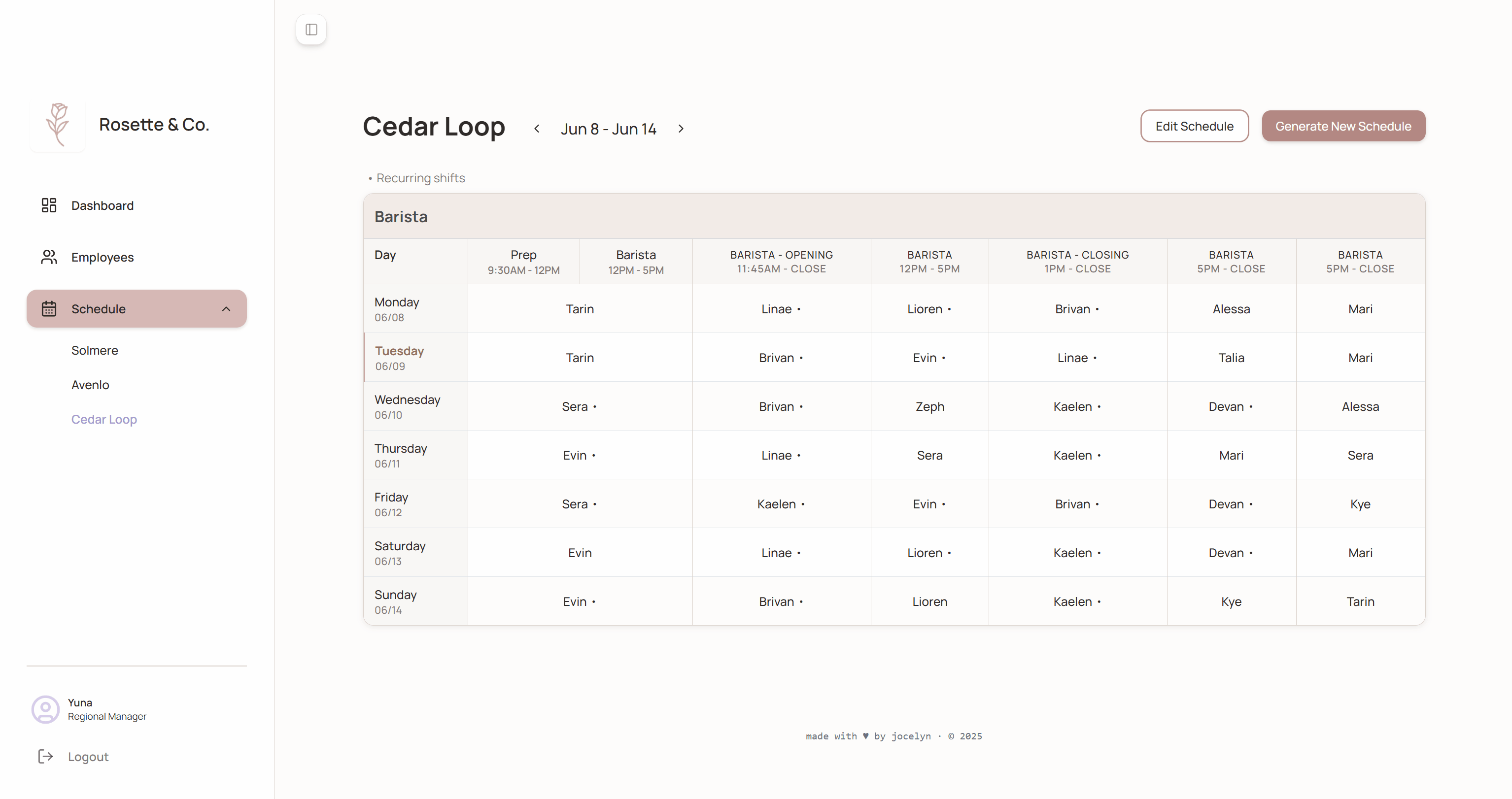 Editing a shift in Orvia — clicking a schedule cell opens a modal with an alphabetically sorted employee list to reassign the slot