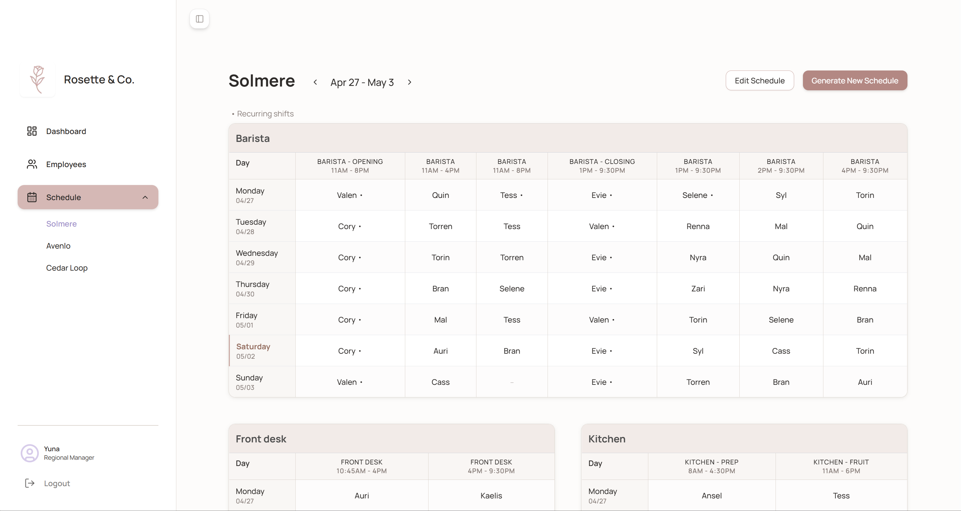 Orvia schedule view for Cedar Loop, week of April 27 — a generated weekly shift grid by role and time slot, with a success toast confirming the schedule was generated