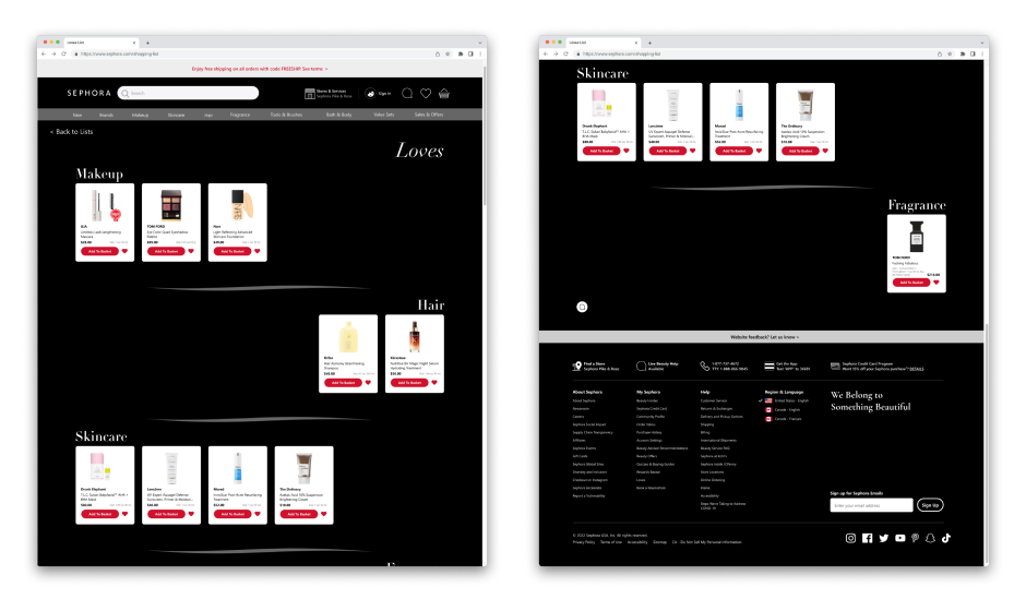Sephora My Loves page redesign — desktop view