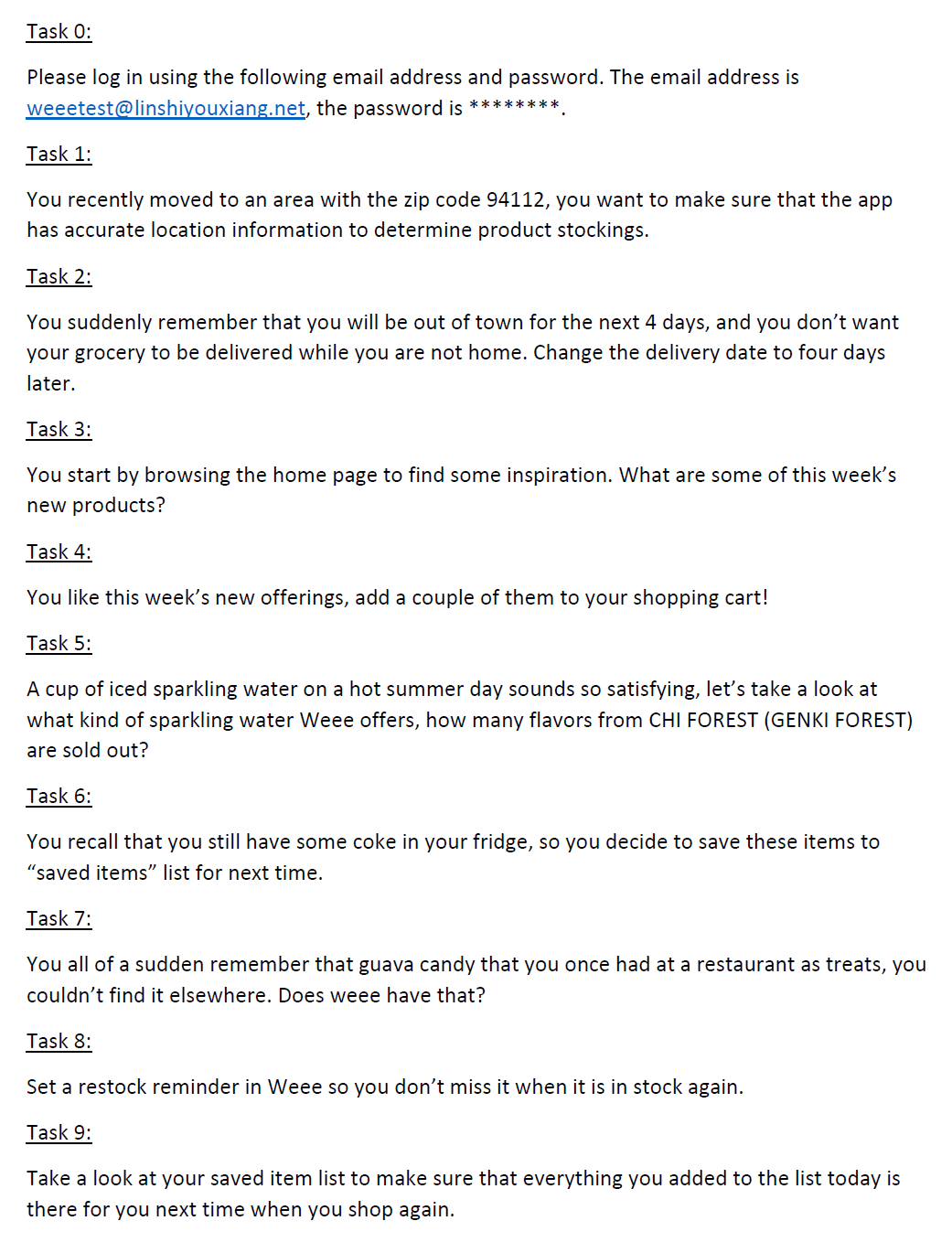 List of nine usability study tasks given to participants