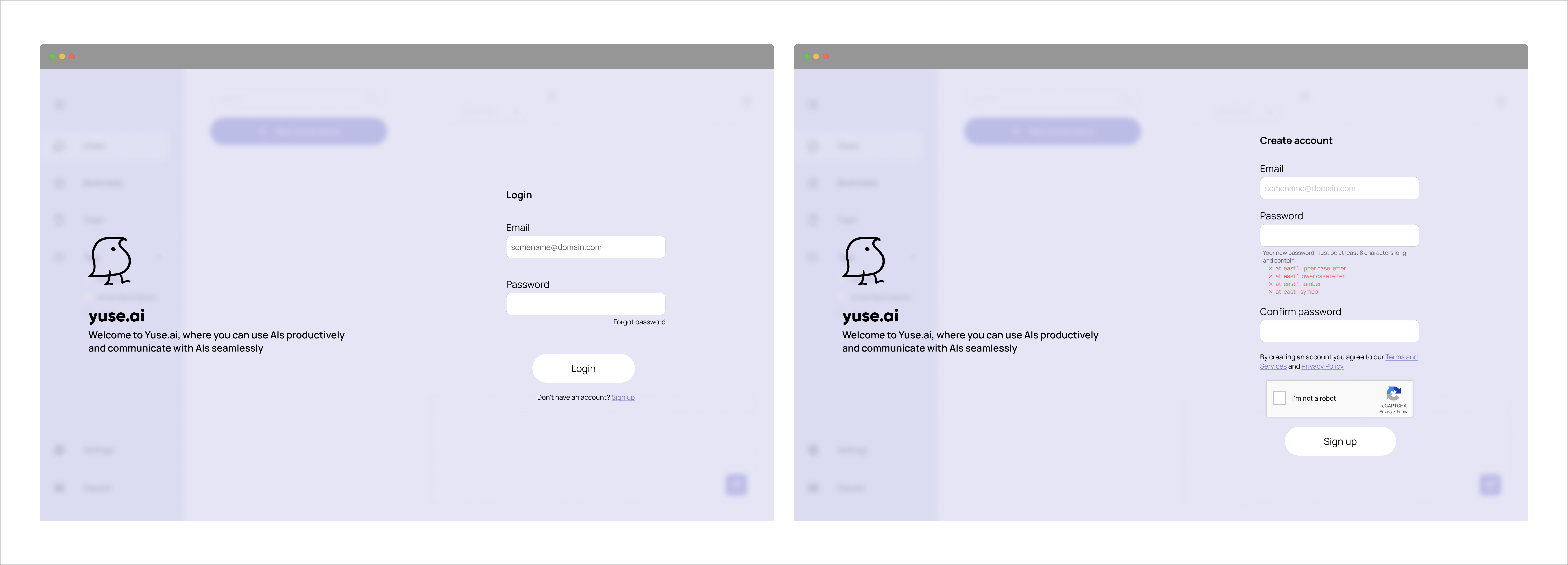 Side-by-side login and signup screens for yuse.ai, with the chat interface dimmed in the background